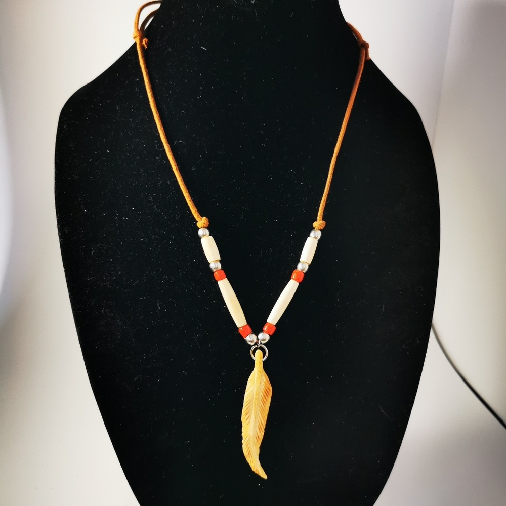 Vintage Indigenous Style Leather and Bone Feather Necklace